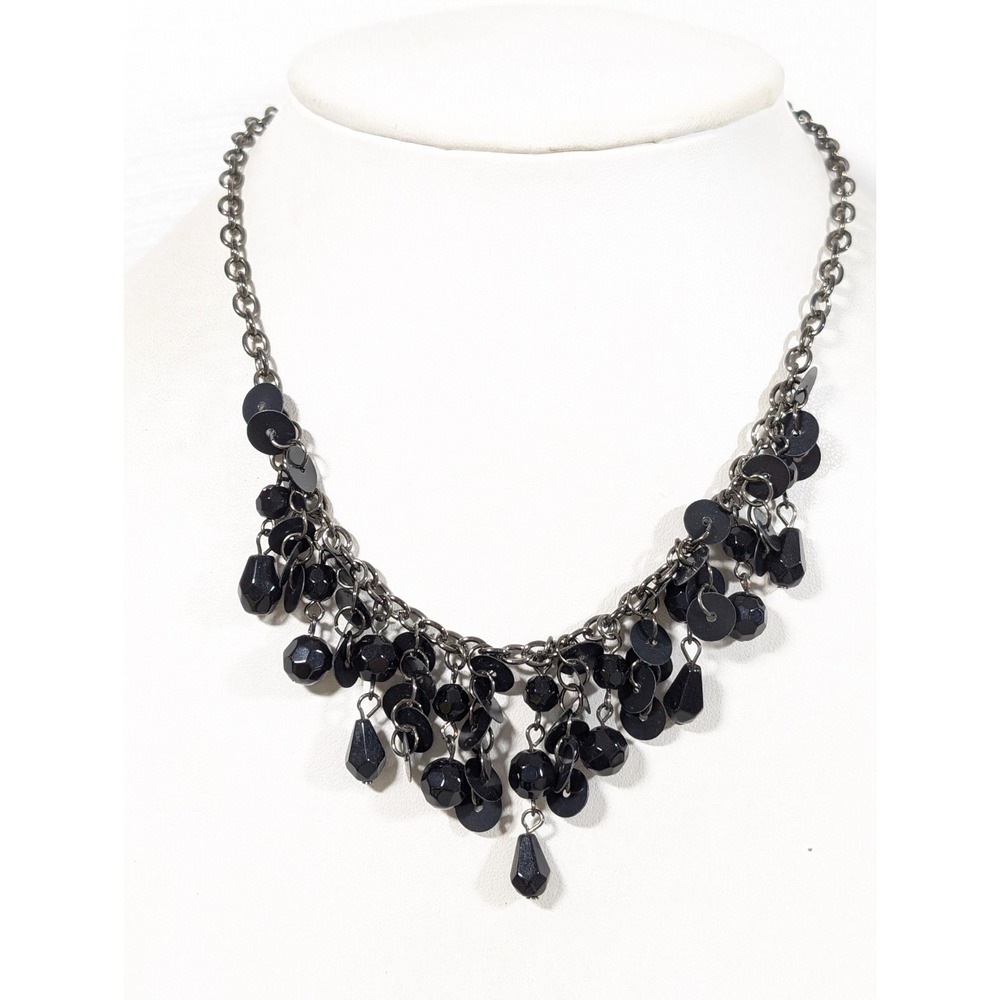 Black Glass Bead Sequin Charm Bib Necklace 18 in Gothic Victorian Glam